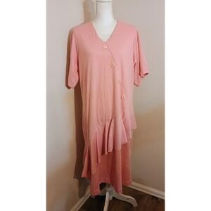 Vintage Linc Pink Asymmetrical Ruffle Button Front Midi‎ Dress Size 20 Made USA